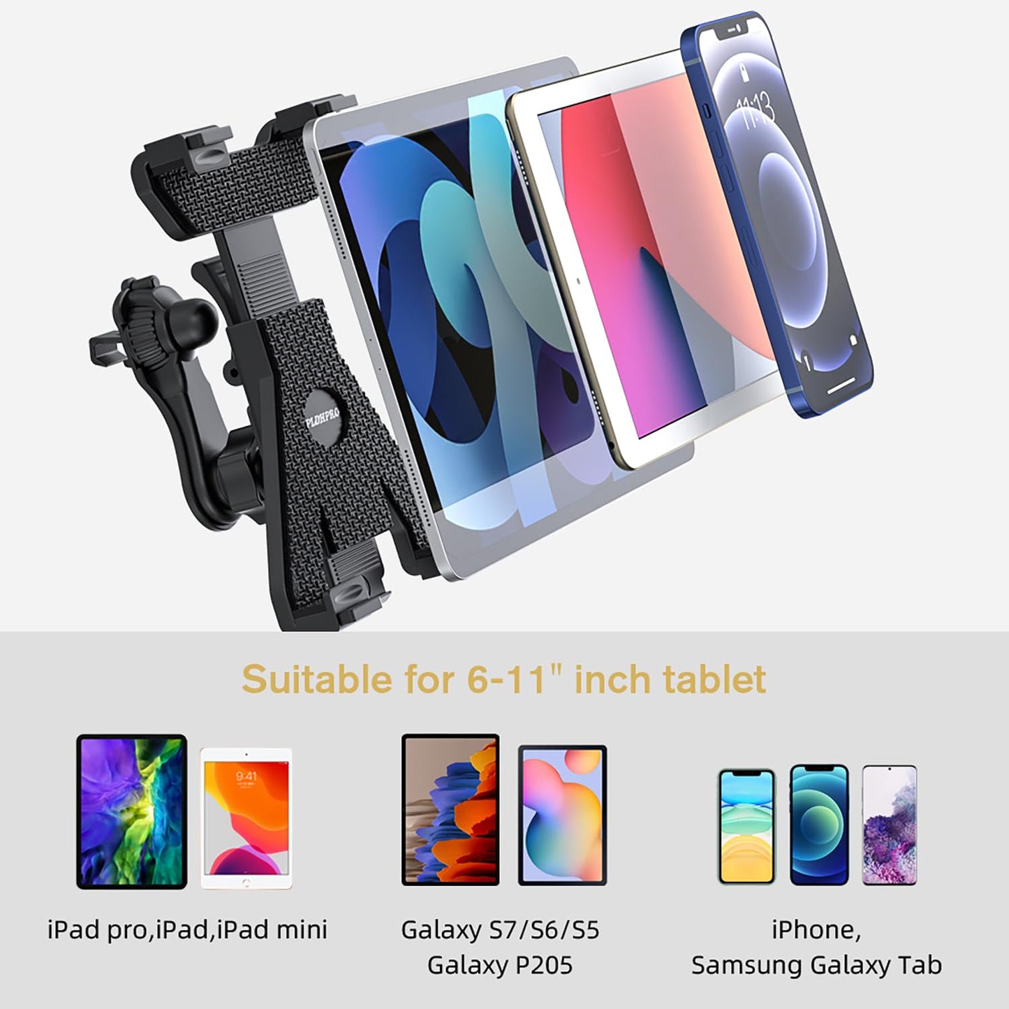 PLDHPRO Universal Tablet Holder with Suction Cup for iPad Air/Mini/Pro 6-13 inches, Samsung Tab case - 360° Rotatable ABS, Telescopic Arm - Dashboard/Windshield/Vent Mount