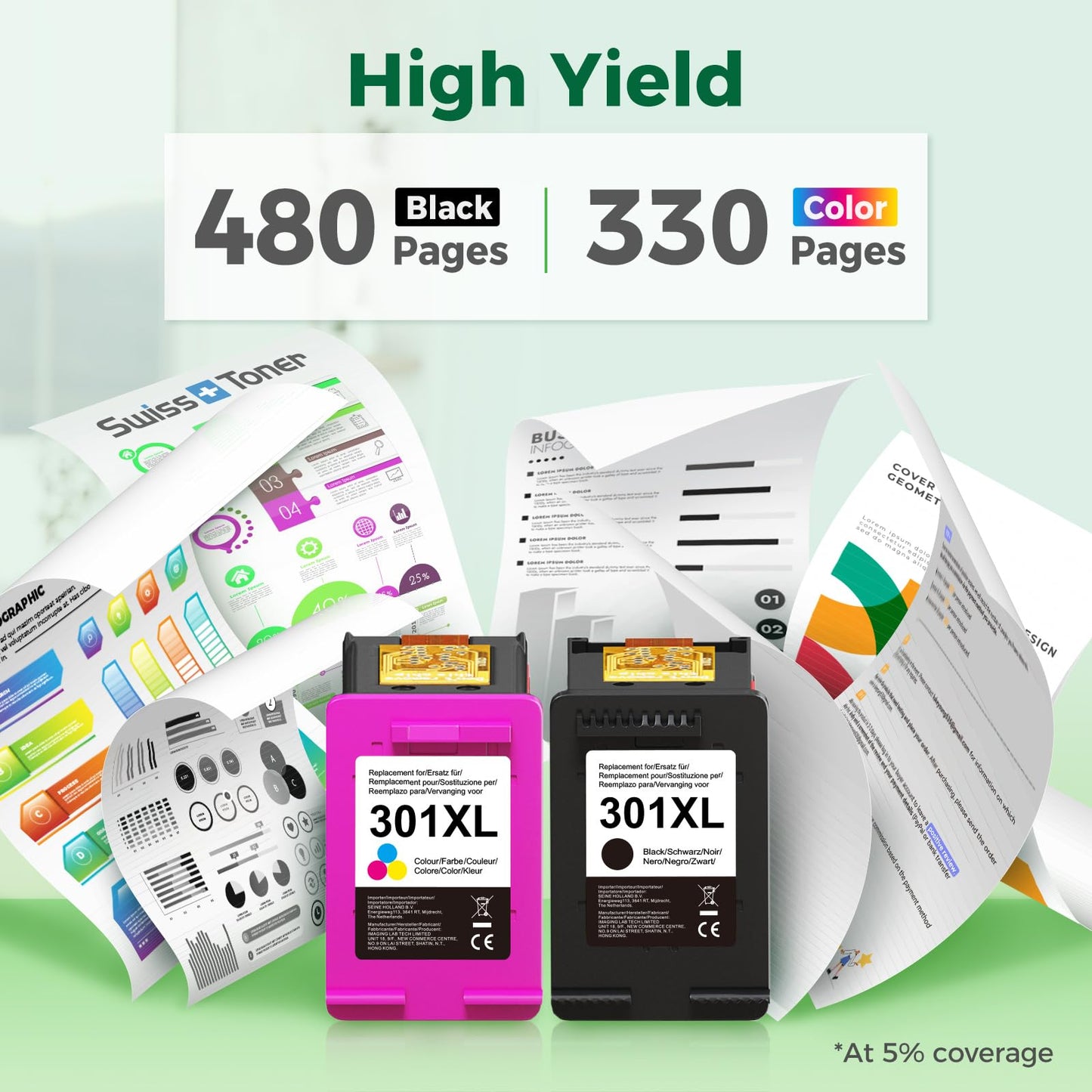Swiss Toner 301XL compatible cartridges for HP 301 printer cartridges Multipack Black and Color for HP Envy 4500 5530 Deskjet 3050 2540 2050 Officejet 2620 4630 (2-Pack)