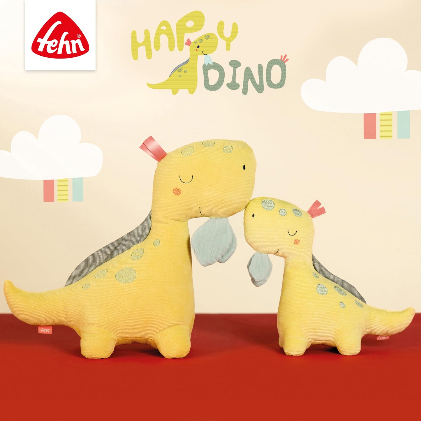 Fehn Cuddly blankie Baby Toy Dino - Snuggle cloth for newborns - Cuddly toy with rattle & squeaker - Sleep aid hand puppet - Cuddly blanket sleep animal for babies and toddlers from 0+ months