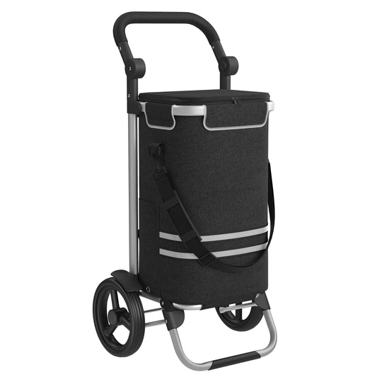SONGMICS shopping trolley, cart, shopping cart with cooler compartment, large, 35 liters, foldable, shopping bag with wheels, detachable bag, black KST03BK
