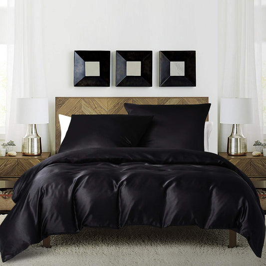 Boqingzhu Satin Bedding 220x240cm King Size Black Solid Glossy Silk Duvet Cover with Zipper and 2 Pillowcases 80x80cm