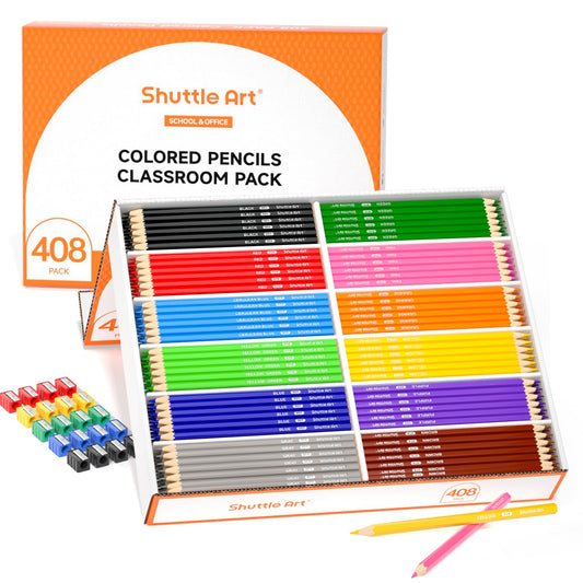 Shuttle Art 408 Pack Colored Pencils School Set, 12 Colors Drawing Pencils for Children plus 20 sharpeners, Bulk Colored Pencils for Kids, Classroom, School Supplies, Stationery