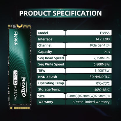 Fikwot FN955 2TB M.2 PCIe Gen4 Internal Solid State Drive with Graphene Thermal Conductive Adhesive - Up to 7350 MB/s, Dynamic SLC Cache, Compatible with laptops and PC desktops.