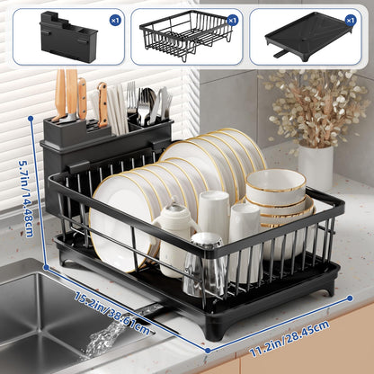 PurKeep Dish Drying Rack - space-saving dish rack for kitchen counter with utensil holder, kitchen dish stand with rotating spout, black.