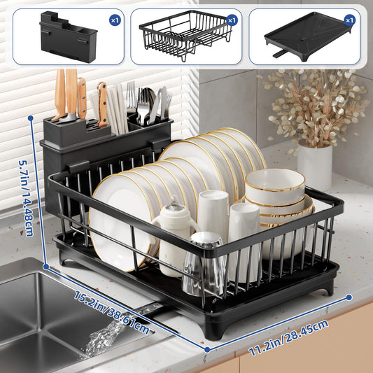 PurKeep Dish Drying Rack - space-saving dish rack for kitchen counter with utensil holder, kitchen dish stand with rotating spout, black.