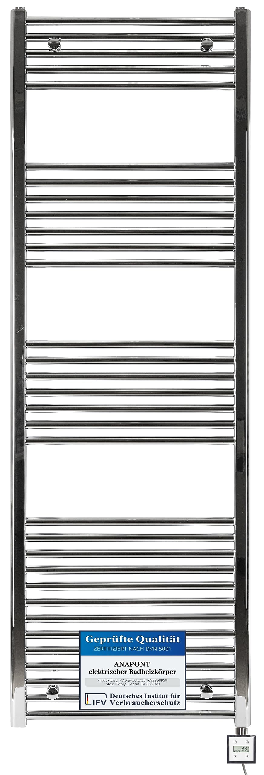 anapont electric bathroom radiator - straight - chrome - timer function - towel radiator - electric bathroom heating - towel heating - Made in Germany (KTX 3, 1775h x 500w)