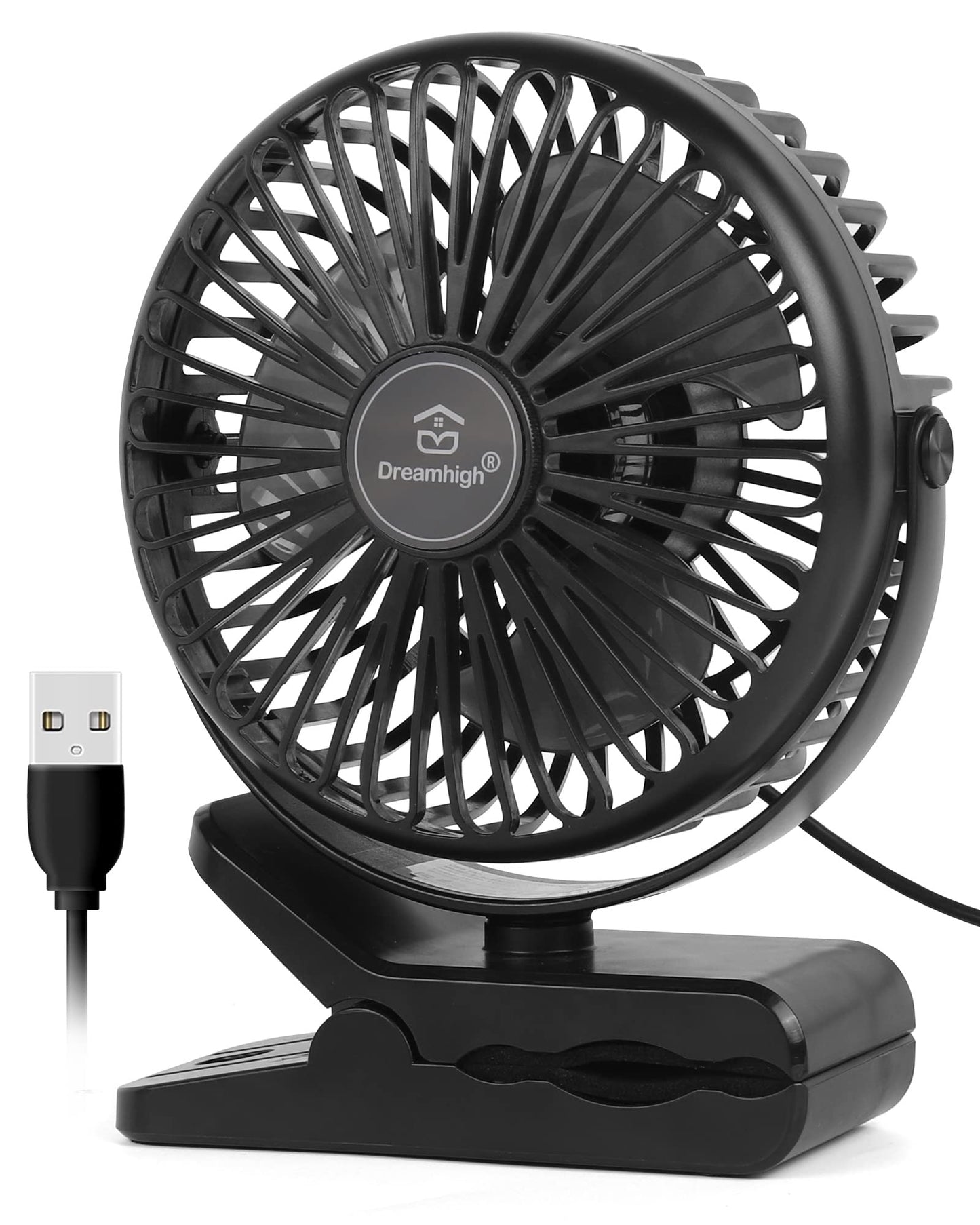 Dreamhigh® Mini USB Fan, 360° Rotatable Portable Clip Fan, 3 Speeds, Quiet Desk Fan for Desktop, Home, and Office, Black (USB Powered)