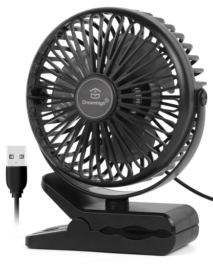 Dreamhigh® Mini USB Fan, 360° Rotatable Portable Clip Fan, 3 Speeds, Quiet Desk Fan for Desktop, Home, and Office, Black (USB Powered)
