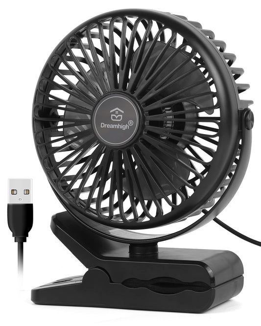 Dreamhigh® Mini USB Fan, 360° Rotatable Portable Clip Fan, 3 Speeds, Quiet Desk Fan for Desktop, Home, and Office, Black (USB Powered)