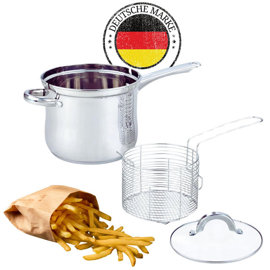 3.5L deep fryer pot with frying basket, suitable for induction cooking. Perfect for making French fries and tempura.