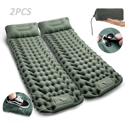 CALIYO self-inflating camping mat 2pcs - thickened air mattress with foot pump, ultralight & waterproof | integrated pillow, compact size for outdoor, hiking, tents & travel