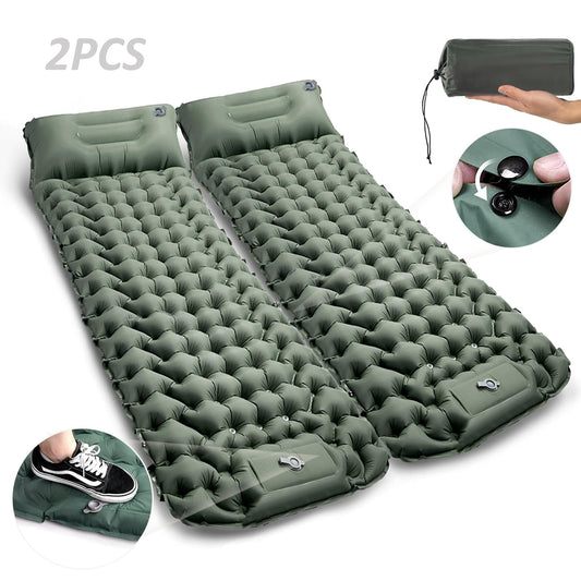 CALIYO self-inflating camping mat 2pcs - thickened air mattress with foot pump, ultralight & waterproof | integrated pillow, compact size for outdoor, hiking, tents & travel