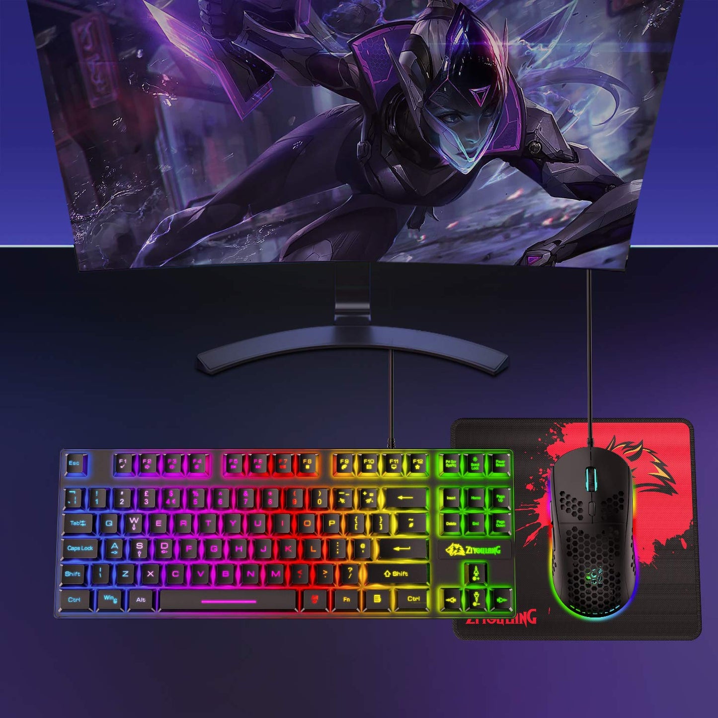 Gaming keyboard and mouse, 88-key USB keyboard with rainbow backlit + programmable ultralight gaming mouse with 6400 DPI for computer PC PS4 PS5 laptop Mac (black)