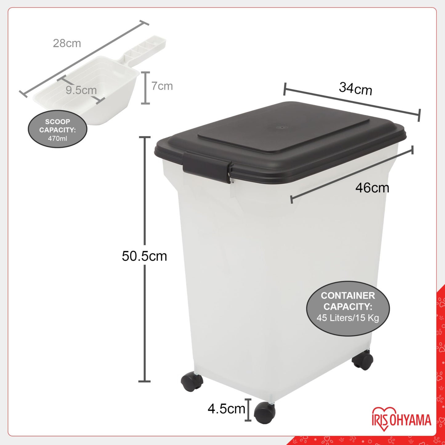 Iris Ohyama Dog Food Storage with Wheels, 45L/15kg, Black, Airtight Food Box, Dry Food, Food Container, For Dogs, Cats, Pet Food Container, Scoop, BPA-Free, Feed Barrel, ATS-L