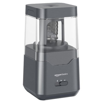 Amazon Basics Portable Electric Pencil Sharpener, spiral blade, automatic stop, battery/USB-powered, Black, 7.1 x 7.1 x 13.46 cm