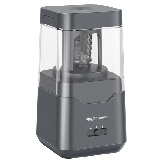 Amazon Basics Portable Electric Pencil Sharpener, spiral blade, automatic stop, battery/USB-powered, Black, 7.1 x 7.1 x 13.46 cm