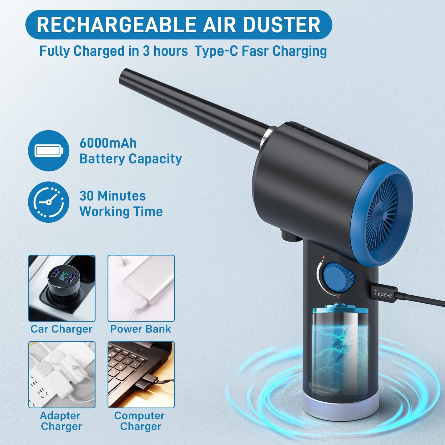ATEngeus Electric Dust Blower, 6000mAh Air Duster for Computer, Stepless Speed Keyboard cleaner Air Spray, replaces compressed air spray, with cleaning brush.