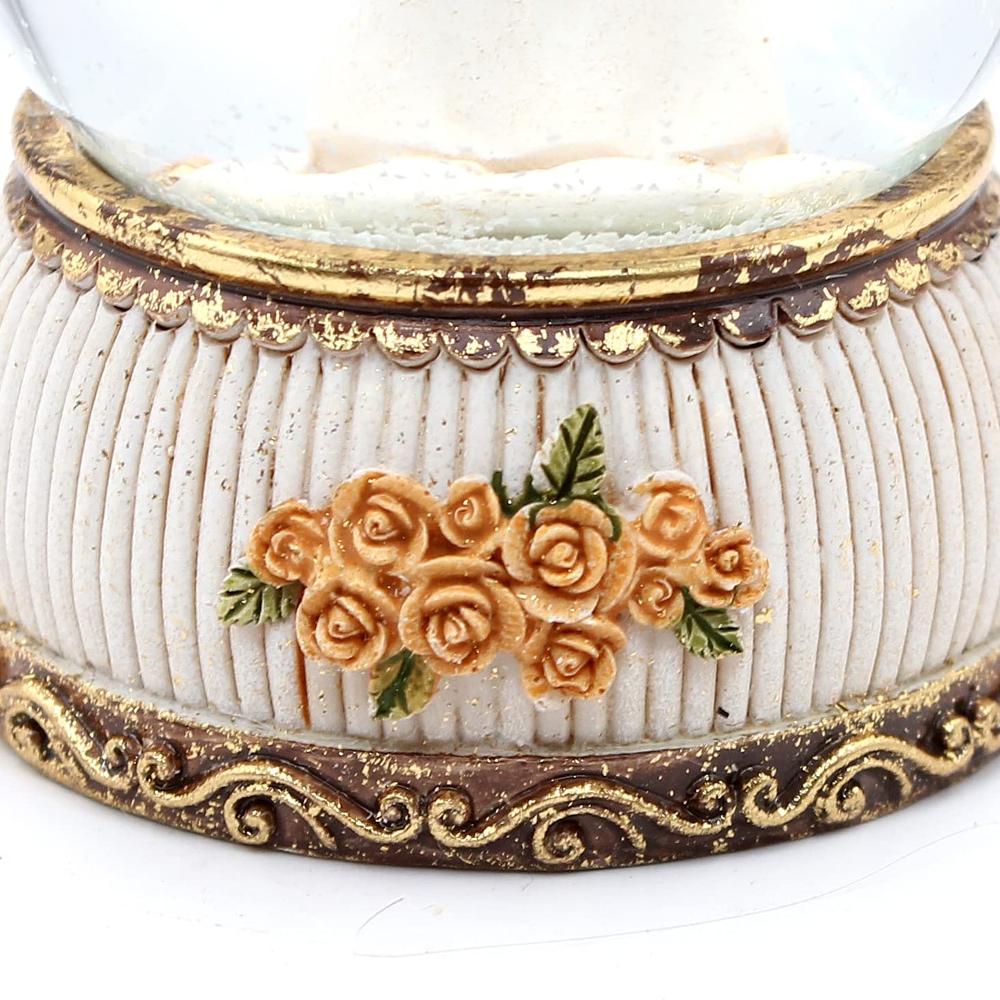 Snow globe/shake ball standing angel with star in hand, antique base with roses, size L/W/H approx. 8 x 6.5 x 8 cm, Ø ball 6 cm.