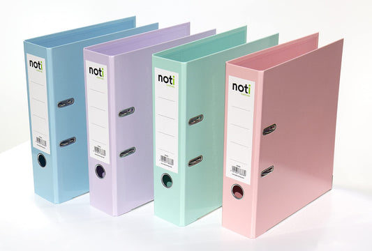 4-pack premium color folders in pastel colors - high gloss laminated in green, blue, purple, pink - 80mm wide for A4 with patented extra strong 85mm mechanism