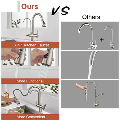 KINKIBOS 3-way kitchen faucet with pull-out sprayer for water filter, brass body, 360° swivel kitchen tap, mixer tap with drinking water spout, brushed nickel.