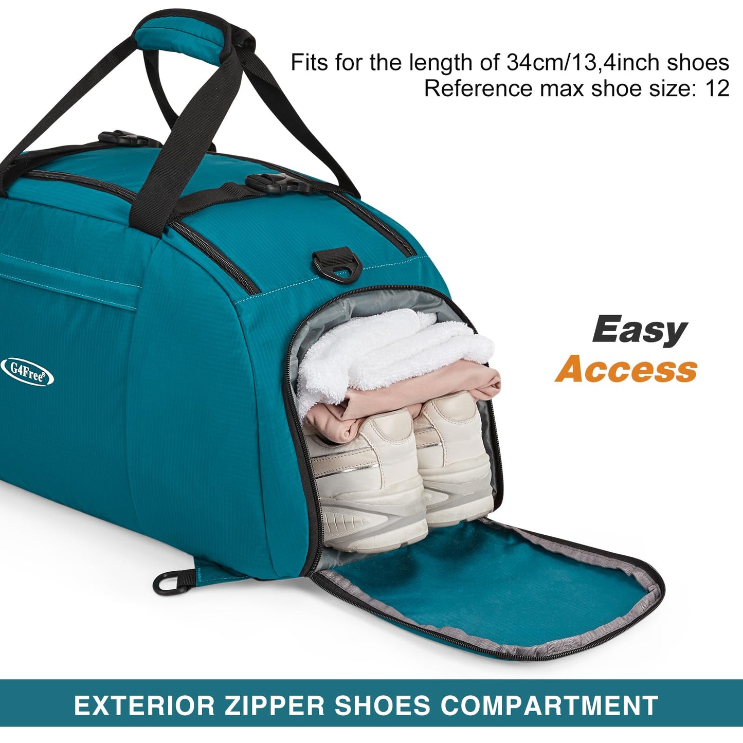 G4Free 40L foldable 3-way travel duffle sports bag with shoe compartment for men and women. Perfect for sports, fitness, gym, and vacation.