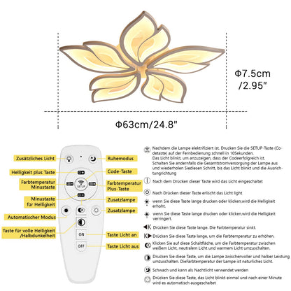 Sky angle LED Ceiling Light with Remote Control Dimmable Bedroom Lamp, Creative Flower Shape Design Living Room Ceiling Light (5 Heads/Ø63cm/24.8in)