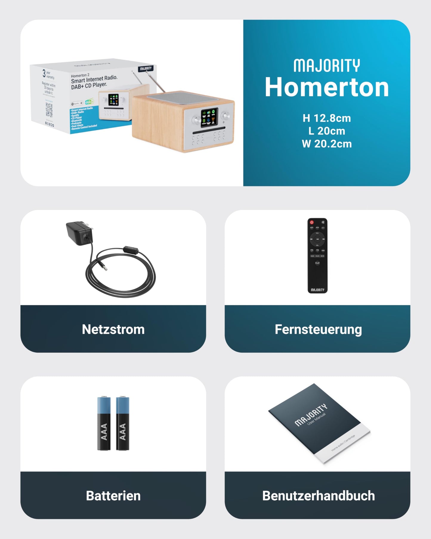 Internet radio with CD player & DAB Plus | Kitchen radio with Bluetooth & FM Radio | Digital radio with Spotify Connect, Podcasts | EQ, color display, includes remote control | MAJORITY Homerton (Oak)