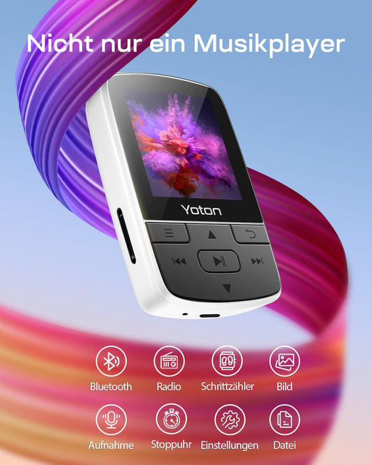 YOTON MP3 player with Bluetooth 5.2, 64GB storage, compact HiFi music player with sport clip, independent volume control, FM radio, includes headphones, white.