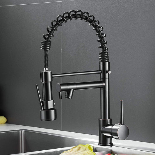 Kitchen faucet black, 360° rotatable sink faucet with pull-out spray, two spouts, spiral spring