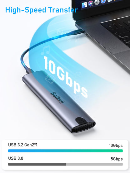 Beikell NVMe M.2 USB 3.2 SSD enclosure with heatsink 10 Gbps for PCIe M-Key/M+B Key/NVMe Express in 2230/2242/2260/2280, with Type C and A cables Tool-free.
