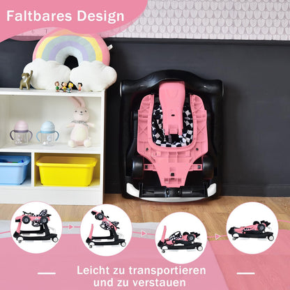 COSTWAY 4 in 1 walker, foldable and adjustable height & speed baby walker shaped like a car with music box, lights & wheels for babies 6 months and up, maximum weight 12kg (Pink)