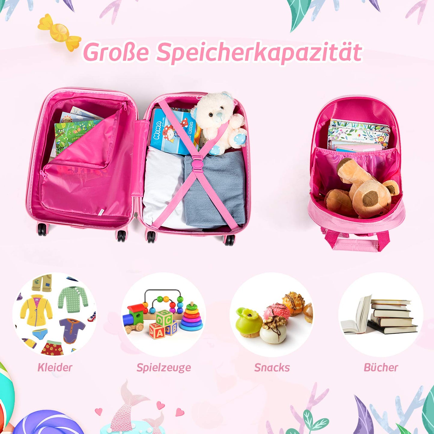 COSTWAY 2pc Kids Luggage Set, Plastic Kids Trolley + Backpack, Children's Suitcase, Kids Travel Luggage, Hard Shell Suitcase for Boys and Girls (Mermaids, 12"+18")