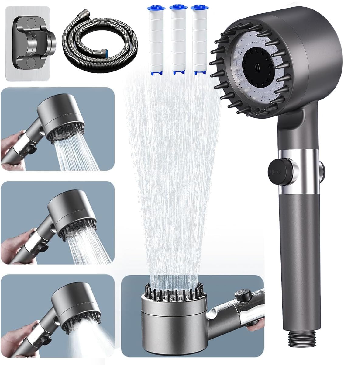 ButterFox shower head with filter, high pressure handheld shower head with hose, 4 spray modes water-saving shower head with 15-layer filtration, adjustable shower head for adults, children, pets.