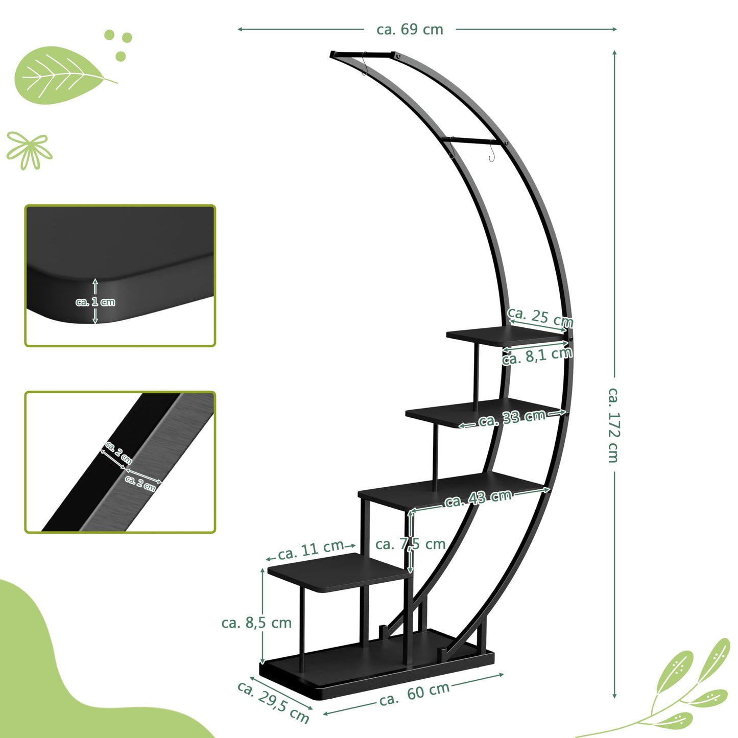 Rebel 5-tier metal plant stand in half-moon shape 172cm tall, plant shelf with 5 shelves & hooks, high flower stand plant ladder with tip protection for balcony living room patio (2 pieces, black)