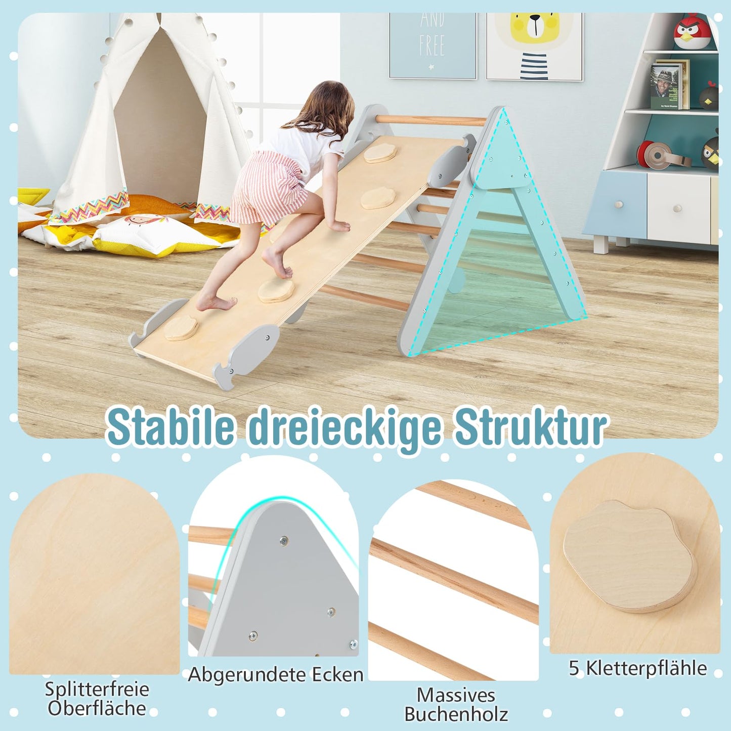 COSTWAY Climbing Triangle with Slide, Climbing Arch, including double-sided ramp, for climbing, sliding and rocking, 4 in 1 climbing frame indoor from 1 year old (Gray)