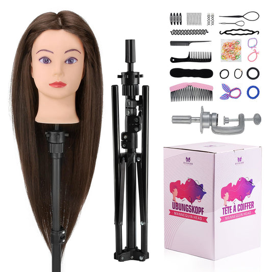 Neverland Beauty Styling Head with Practice Head Stand - 71cm 60% Real Hair, Doll Head for Styling, Training Heads for Hairdressers Training Head With Holder + DIY Hair Set (Brown)