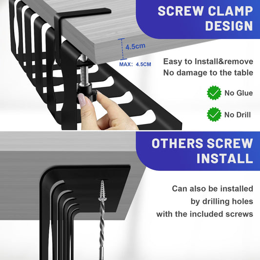 Lannvan Cable Channel Desk without drilling - 2 pack Cable Management Desk Clamp Under Desk - Includes Accessories - 43 x 13 x 12 cm Cable Holder Cable Tray Table - Cable Basket Black