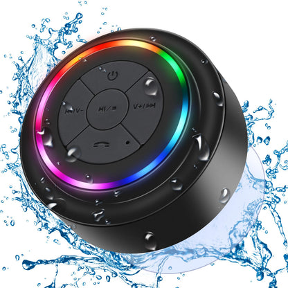 Bluetooth shower speaker, portable waterproof Bluetooth speaker with suction cup, integrated microphone. Perfect for bathroom, parties, and the beach. Great gift idea!