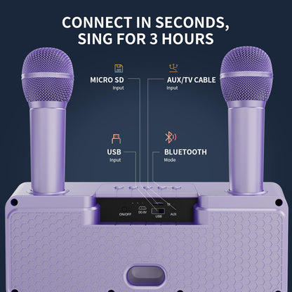Karaoke Machine for Adults and Kids with 2 UHF Wireless Microphones, Portable Bluetooth Singing Speaker, PA System with Disco Lights, Cell Phone Holder for Home, Party, Picnic (Purple)