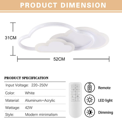 Miniature creative cloud-shaped ceiling light with remote control dimmable, acrylic flush mount ceiling light for living room bedroom hallway and children's room, 52 cm (20.5 in) 42W, White.