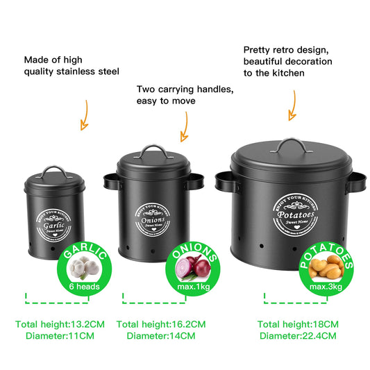 rokrust Potato storage box, onion pot, large metal storage container, kitchen, can store potatoes for a long time (Black)