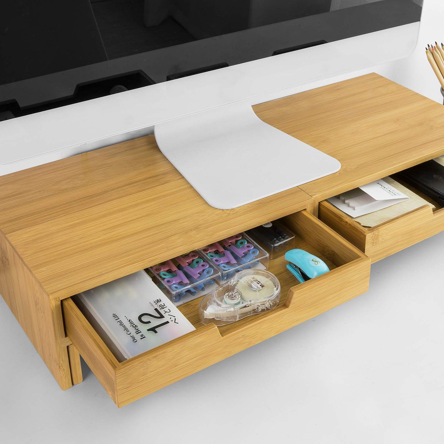 SoBuy BBF04-N Design Monitor Stand for 2 Monitors, Screen Stand Notebook Stand Desk Attachment with 2 Drawers, Width Adjustable Bamboo, Dimensions: 60-108x11x22cm