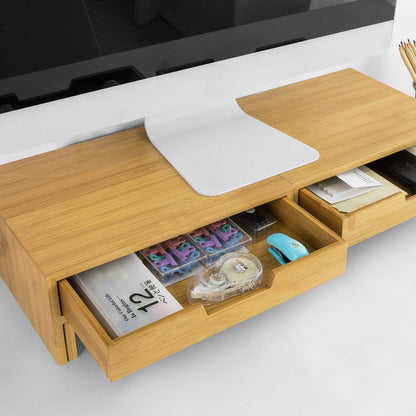 SoBuy BBF04-N Design Monitor Stand for 2 Monitors, Screen Stand Notebook Stand Desk Attachment with 2 Drawers, Width Adjustable Bamboo, Dimensions: 60-108x11x22cm
