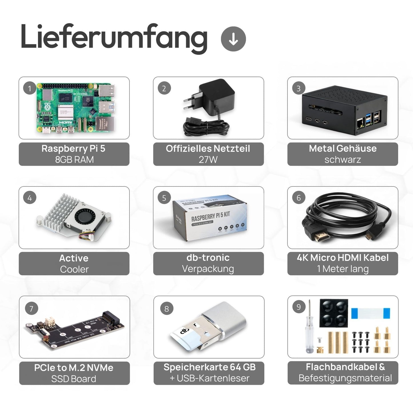 Raspberry Pi 5 8GB PCIe M.2 NVMe - Set | Metal Case | Active Cooler | M.2 NVMe SSD PCIe Board | Official USB-C 27W Power Supply | 64GB Edition | 4K Micro HDMI