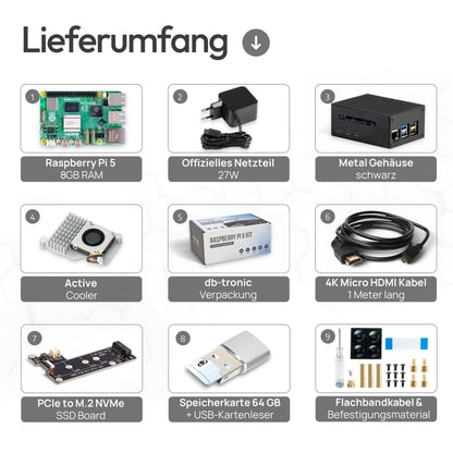 Raspberry Pi 5 8GB PCIe M.2 NVMe - Set | Metal Case | Active Cooler | M.2 NVMe SSD PCIe Board | Official USB-C 27W Power Supply | 64GB Edition | 4K Micro HDMI