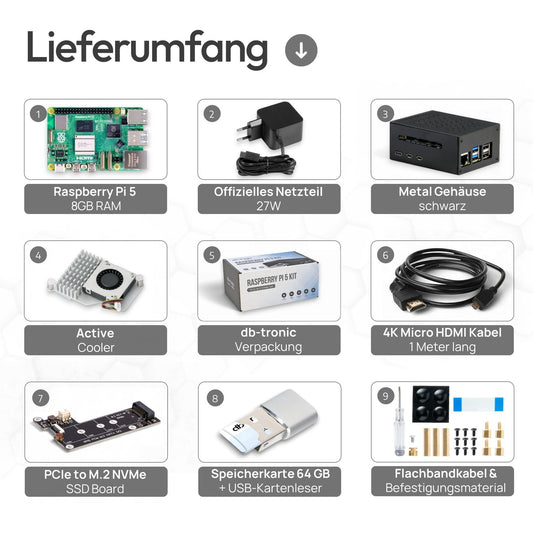 Raspberry Pi 5 8GB PCIe M.2 NVMe - Set | Metal Case | Active Cooler | M.2 NVMe SSD PCIe Board | Official USB-C 27W Power Supply | 64GB Edition | 4K Micro HDMI