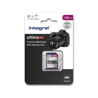 Integral 128GB SD card for 4K Ultra HD video. Premium high-speed memory card. SDXC with up to 100MB/s transfer speeds. SDXC V30 UHS-I U3 Class 10 SD memory card.