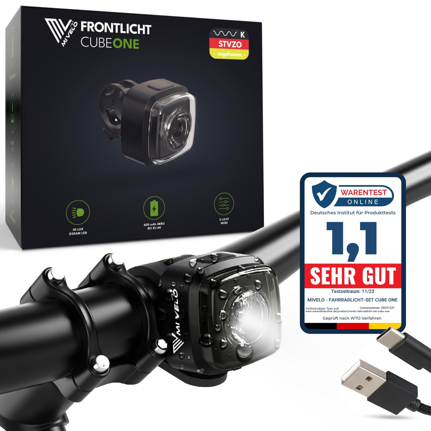 MIVELO Cube ONE front bicycle light approved according to StVZO regulations bike front light USB rechargeable & 100% waterproof LED bike light front, bike lamp