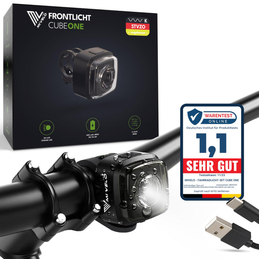 MIVELO Cube ONE front bicycle light approved according to StVZO regulations bike front light USB rechargeable & 100% waterproof LED bike light front, bike lamp