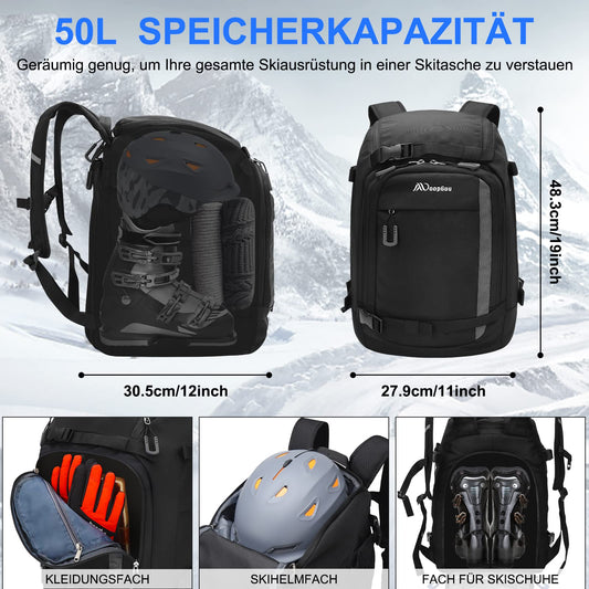 MoopGou ski boot bag with helmet compartment 50L 1680D nylon ski backpack ski boot backpack with helmet pocket ski bag ski sack for ski boots ice skates snowboard inline skates (gray)